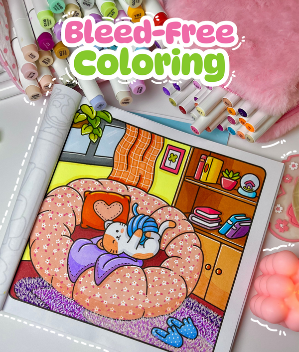Cute cat coloring page with 'Bleed-free Coloring' text