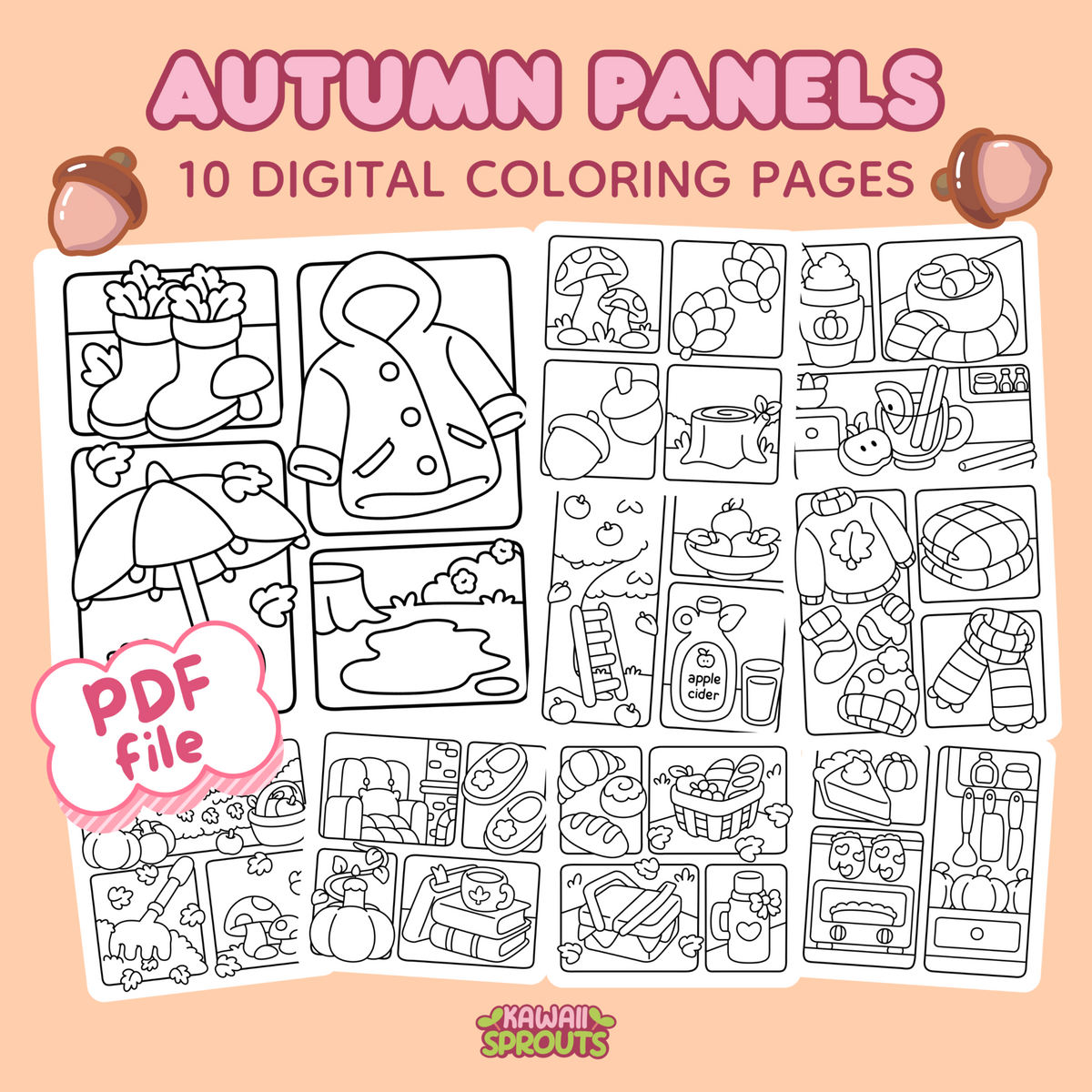 Autumn Panel Art Coloring Pages – 10-Page Bundle