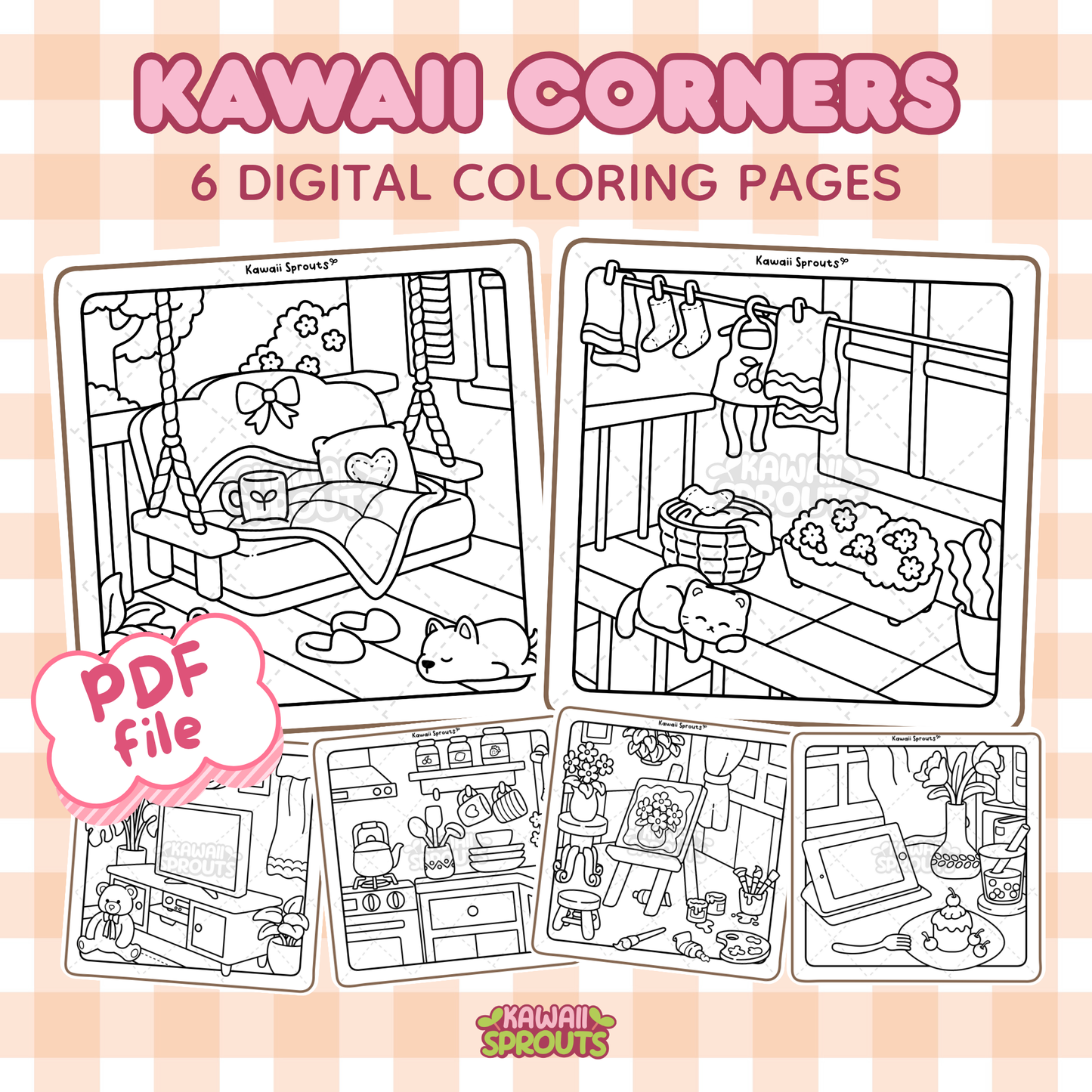 Kawaii Corners 6 Digital Coloring Pages