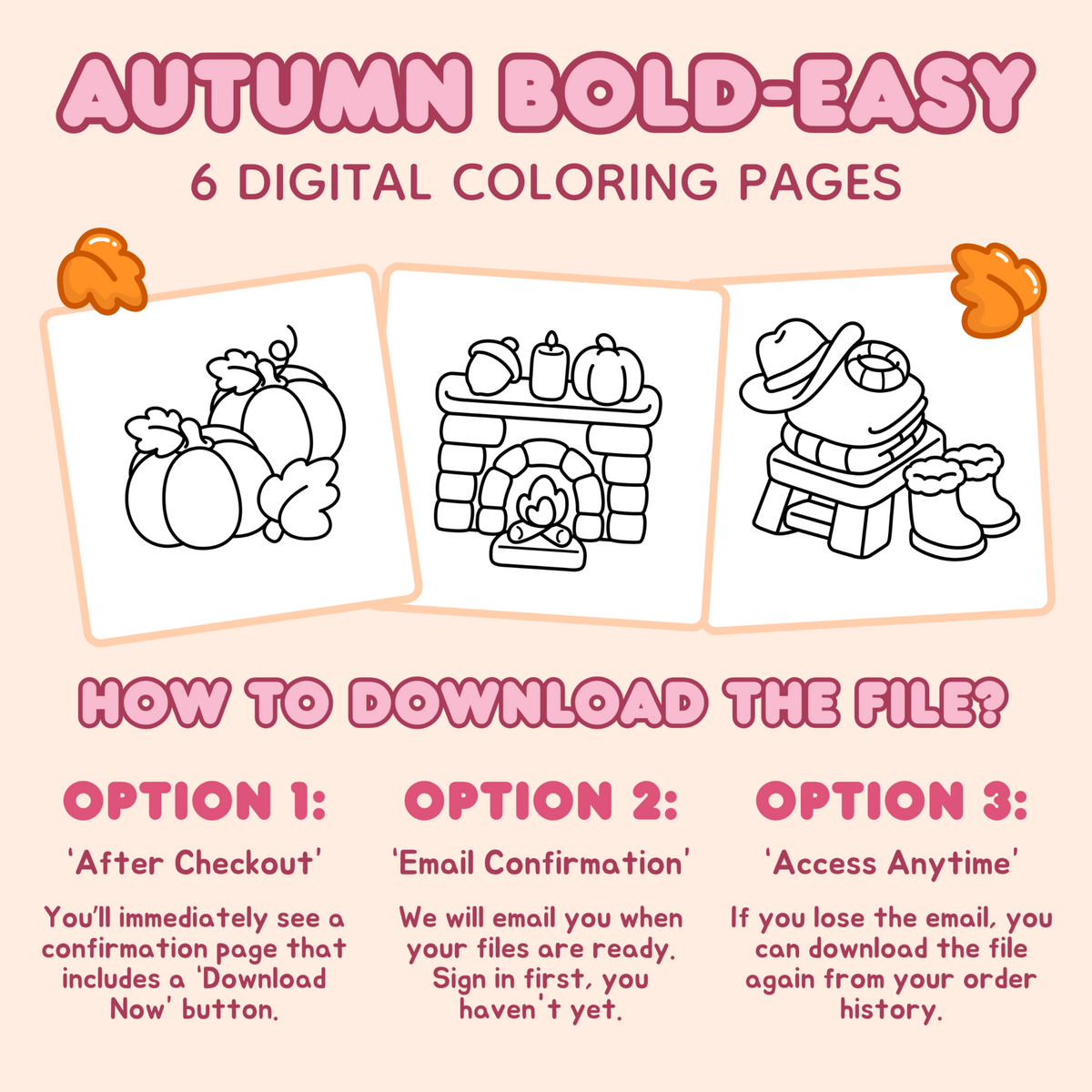 Autumn Bold & Easy Coloring Pages – 6-Page Bundle