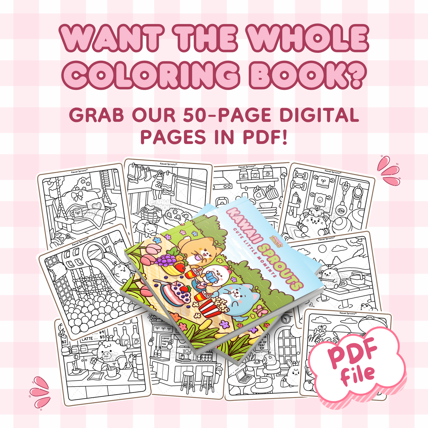 Kawaii Sprouts: Cute Little Moments - 50-page Digital Coloring Pages